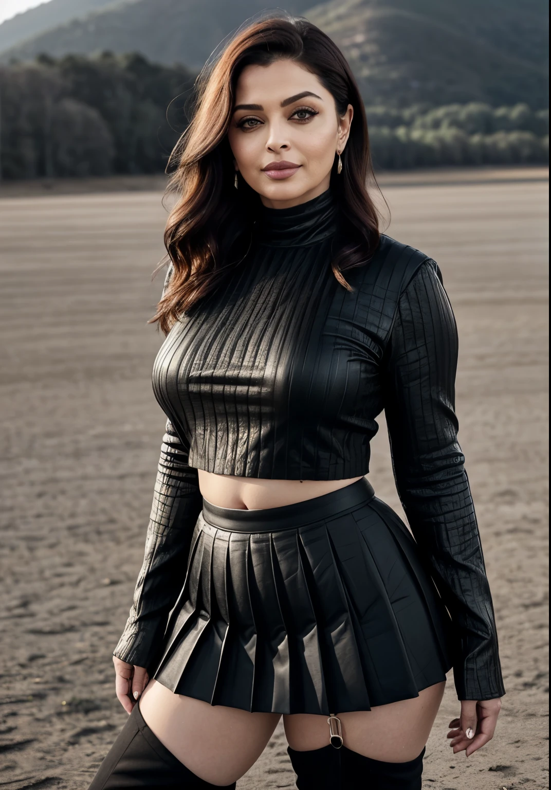 SEXY 50yo MATURE MILF Aishwarya Rai Bachchan, ((black micro mini knife pleated skirt and crop top)), ((thigh high boots)), bob cut hair, erotica, bright sunny day scene, curvy milf body, posing in airstrip, hourglass milf figure, big breasts, seductive expression on her face, look at a camera and teasing smile, 49 yo, soft volumetric lights, intricate details, (ArtStation:1.2)