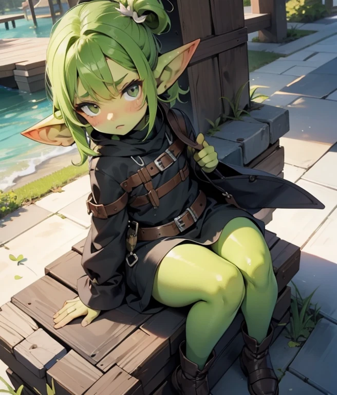 a  goblin girl with green skin, both mischievous and mischievous, with an embarrassed expression and a hand placed between her legs.