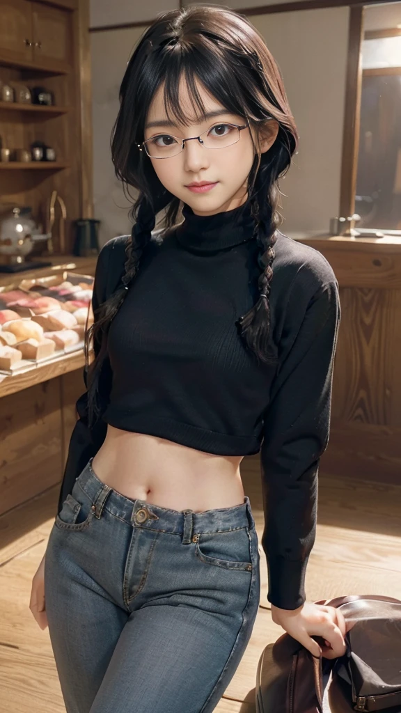 masterpiece, highest quality, one woman, Japanese people in their 20s, (black hair, very short hair, two braids, curly hair), (symmetrical beauty, small face, sharp outline, thick eyebrows, dark eyebrows, realistic eyes, double eyelid, droopy eyes, small nose, thick lips), (smile, shy smile, open your mouth and laugh), (glasses, 縁が薄いglasses, 小さいglasses, レンズが小さいglasses, square lens), (wheat-colored skin, realistic skin texture, I cup breasts, Slightly plump body type), (jacket:long beige coat, inside:black turtleneck sweater(Hem out), pants:dark blue long jeans, brown boots), (Are standing, Show the whole body, Even the shoes are shown), The background is the city, (face directly toward the camera, looking directly at the viewer, looking at the camera, The whole body is facing towards the viewer., whole body facing towards the camera, face looks straight into the camera).