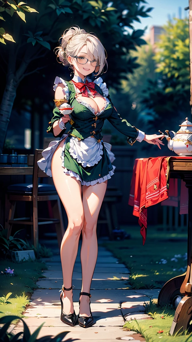 (best quality, masterpiece), (ultra high resolution, 8K RAW photo, photo realistics:1.5, cinematic lighting, textile shading, thin outline, clear focus:1.2), Beautuful Matured woman preparing tea_party in the garden, standing by the round table, (pouring tea into a cup from a tea-pot:1.2), leaning forward, (meisen's tea set, tea pot, tea cups, some cakes on dish), delicate and classy British style white table with gold accents and royal_blue, (wearing dark-green maid uniform:1.5, breast cleavage, green maid costume:1.2, long flare skirts, apron, bow ties on the chest), long tall sally, long legs, white hair, (wearing thin-flame glasses:1.2), (milf:1.5, 28 years old, solo), (large breast, sagging breast, big tits, narrow waist), full bodyesbian, (medium short white hair, hair over one eye, (updo hair:1.2), side lock, asymmetric hair, wavy hair), (fine bright pupils, high detailed eyes with highlight:1.3, high detailed face, Perfect face shape, eye rush), (happy smiling, half-closing eyes:1.2), (looking at viewers:1.3), (dutch angle, full body:0.3, from below:1.2), ((correct anatomy:1.5, correct hands)), (ideal ratio of body proportions), (outdoor:1.2, grass field),