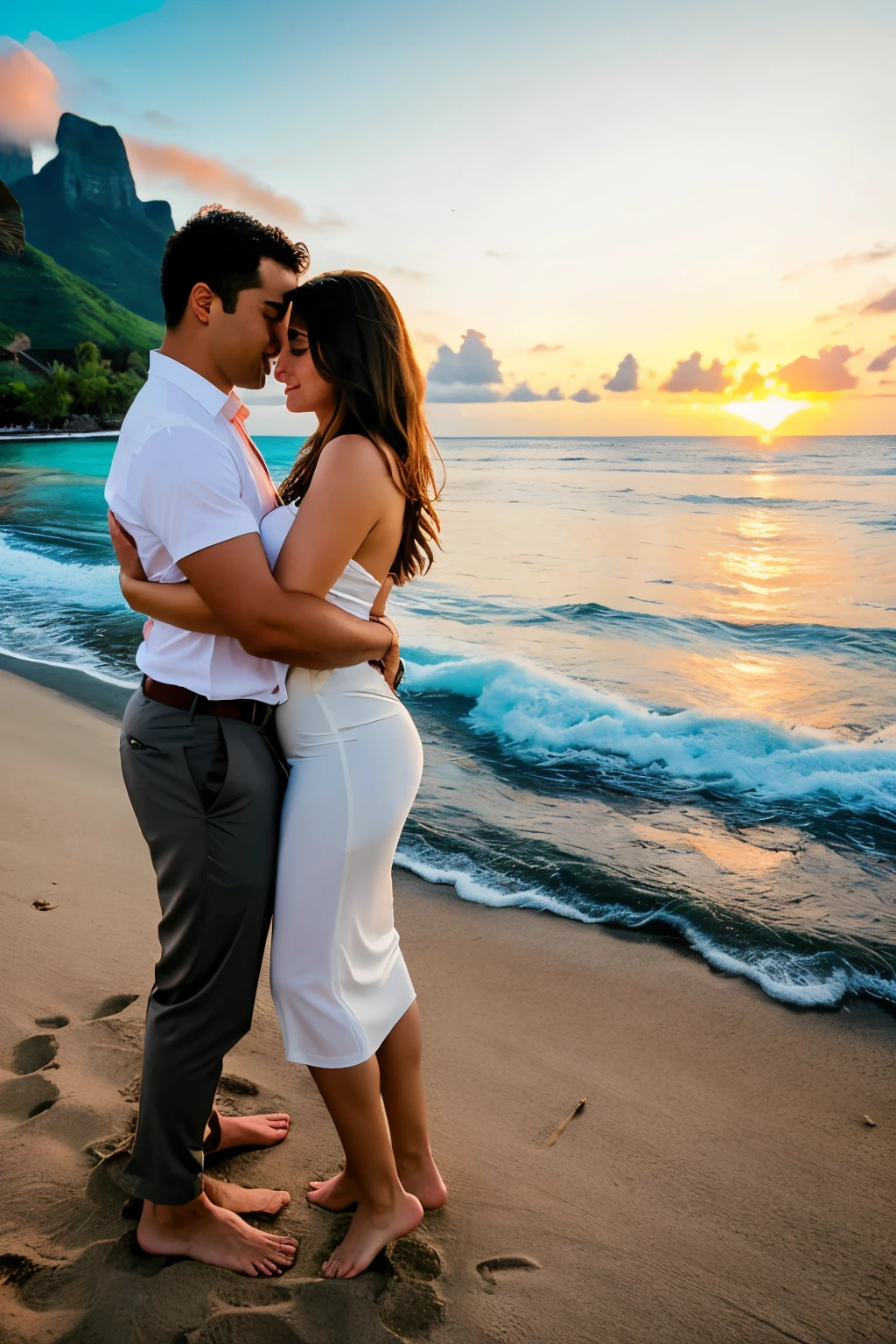 Create an engaging series of couples photographs in iconic locations around the world, utilizing advanced artificial intelligence technology to capture the unique essence of each couple, highlighting the depth of their connection in renowned settings. Explore a vast array of emotions, from tender love to boundless euphoria, to visually narrate each couple's love story. Ensure iconic landscapes serve as a breathtaking backdrop, accentuating the magic and diversity of human relationships in some of the most celebrated destinations on the planet.
A stunning couple in love, embracing on a serene beach at sunset in Bora Bora. The warm tones of the sun setting over the ocean reflect in their eyes, capturing