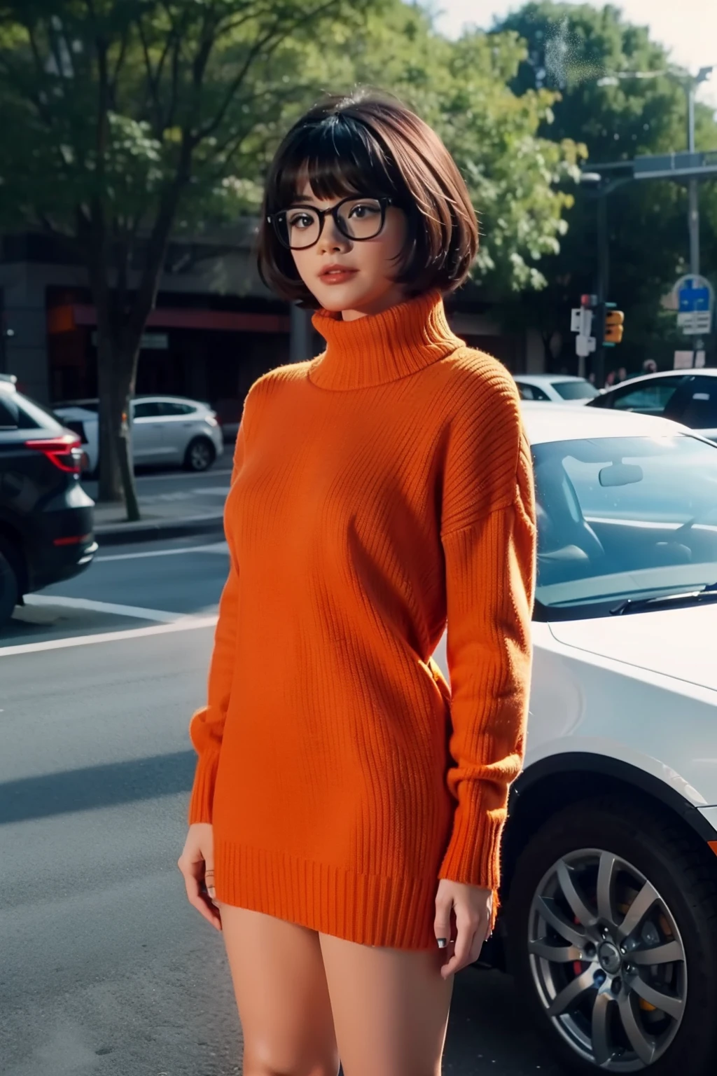 sexy little velma with an orange short skirt sweater , full body tattoos , best quality, beautiful, film grain