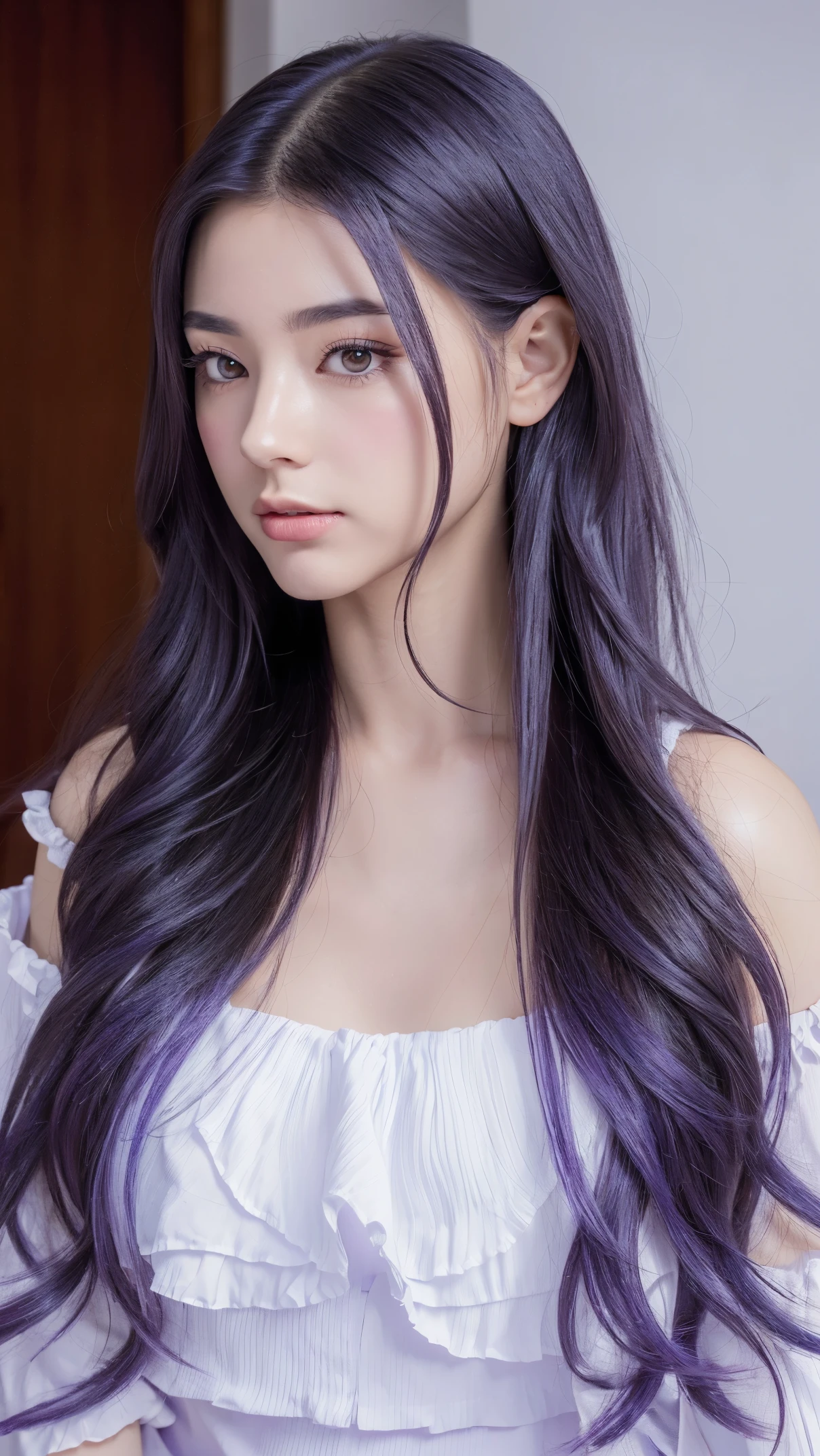 Dayu Seren, Purple dragon, There is an ancient palace next to the girl, An extremely delicate and beautiful girl, lifelike, incredibly absurd, Abstractionism, Shown from hips to shoulders, snatch, extremely detailed body, Miss, young,20 years old, very long hair, flowing hair, light purple hair, Purple iris, bicolor hair, beautiful fine hair, Exquisite and beautiful face, faint smile, clear eyes, broke up_lips, black eyes, neck strap, frilly_skirt, jacket, White clothes, floating palace, beautiful clear background, beautiful sky, bloom, Very precise and detailed, absurd, very CG,huge ，huge breasts，Show breasts，Show breasts