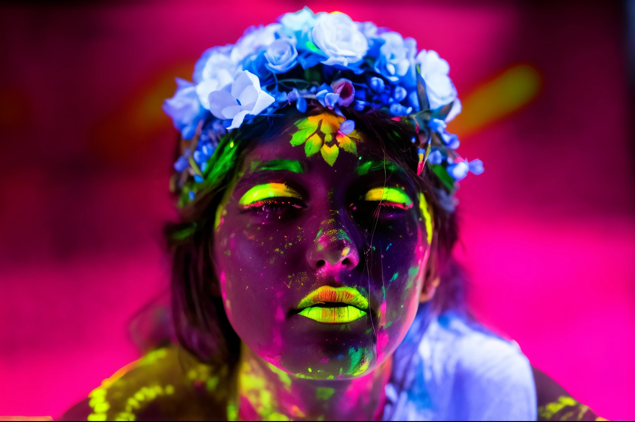 arafed INDIAN woman with a flower crown and neon makeup, ultraviolet and neon colors, day - glow facepaint, day - glow face paint, glowing with colored light, color glow, glowing rainbow face, colorful glow, glowing face, neon face paint, fluorescent skin, blacklight reactive, vivid color glow, blacklight, vivid glowing colors