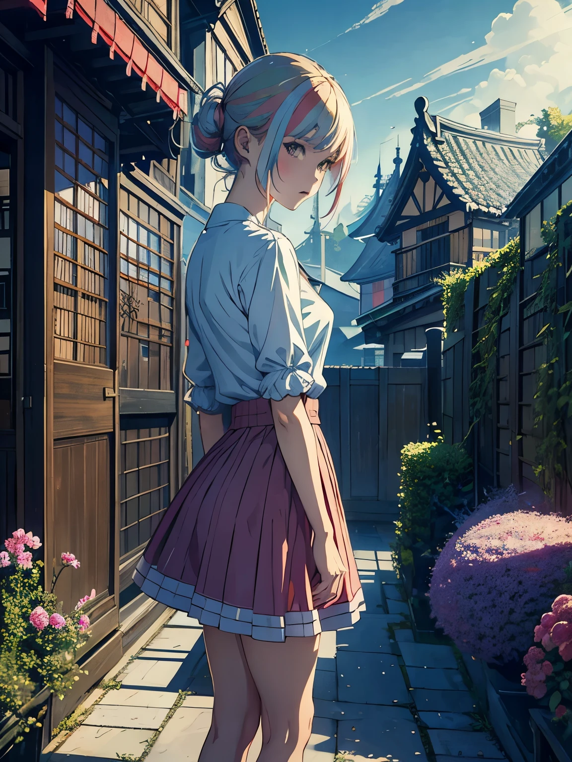 Margaret Tarrant, Paul Delvaux, Multicolored woodblock print Surreal Mysterious Strange Fantastic Fantasy Sci-fi, Japanese Anime, Triangle, Square, Cone, Sphere, Torus Floating Wilderness Miniskirt Beautiful Girl, perfect volume body, detailed masterpiece