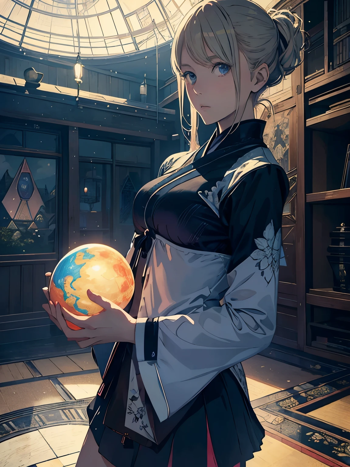 Margaret Tarrant, Paul Delvaux, Multicolored woodblock print Surreal Mysterious Strange Fantastic Fantasy Sci-fi, Japanese Anime, Triangle, Square, Cone, Sphere, Torus Floating Wilderness Miniskirt Beautiful Girl, perfect volume body, detailed masterpiece