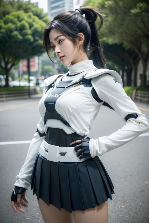 Top quality, masterpiece, extremely detailed CG unity 16K wallpaper, ultra-high resolution, high definition, (perfect body, correct anatomy:1.5), (from front view:1.4), dynamic, professional photo, raw photo, photorealistic, cinematic lighting, 1 girl, ((Japanese , 15 y)), cowboy shot, solo, looking at viewer, intricately detailed face, hyper-realistic skin texture, black hair, (ponytail:1.4), glossy hair, short hair, highly detailed skin, (tanned skin:1.4), highly detailed eyes, (dark eyes, bright eyes:1.1), ultra-realistic nose and lips, (slim and round outline of the face:1.3), expressive face, expressionless, (white serafuku, long sleeves:1.5), slender, medium breast, (dark blue pleated skirt:1.3), perfect body proportion, ((mecha-musume:1.5)), ((powered suit:1.4)), mechanical body armor, weaponized body, ((large mech wing with engines, pair of anti-tank guns are mounted on the girl's both shoulders:1.3)), ((daytime, noon, outdoor, park, urban area:1.4))