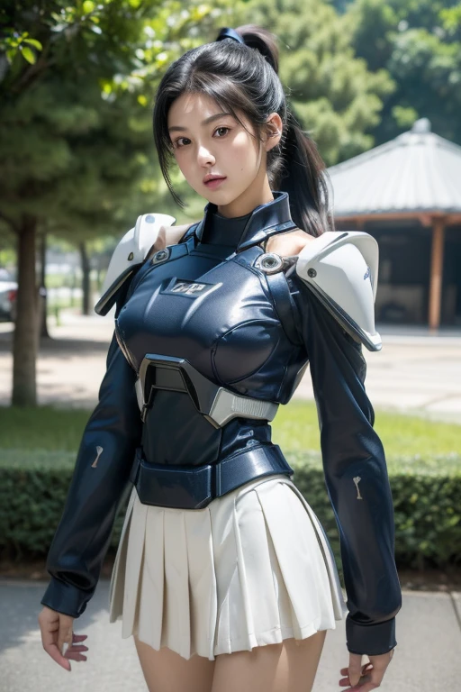 Top quality, masterpiece, extremely detailed CG unity 16K wallpaper, ultra-high resolution, high definition, (perfect body, correct anatomy:1.5), (from front view:1.4), dynamic, professional photo, raw photo, photorealistic, cinematic lighting, 1 girl, ((Japanese teen, 15 years old:1.1)), cowboy shot, solo, looking at viewer, intricately detailed face, hyper-realistic skin texture, black hair, (ponytail:1.4), glossy hair, short hair, highly detailed skin, (tanned skin:1.4), highly detailed eyes, (dark eyes, bright eyes:1.1), ultra-realistic nose and lips, (slim and round outline of the face:1.3), expressive face, expressionless, (white serafuku, long sleeves:1.5), slender, medium breast, (dark blue pleated skirt:1.3), perfect body proportion, ((mecha-musume:1.5)), ((powered suit:1.4)), mechanical body armor, weaponized body, ((large mech wing with engines, pair of anti-tank guns are mounted on the girl's both shoulders:1.3)), ((daytime, noon, outdoor, park, urban area:1.4))