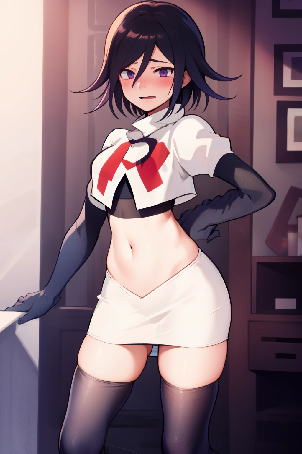 absurdres, cowboy shot, solo, male focus, trap, 1boy, crossdressing,1boy, oma kokichi, team rocket,team rocket uniform,white skirt,red letter R,crop top,black thigh-highs,black elbow gloves, embarrassed, blush