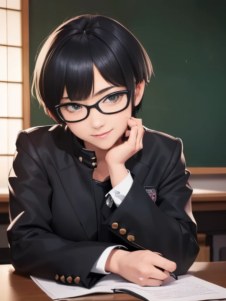 ((best quality,4k,8k,highres,masterpiece:1.2,ultra-detailed,realistic,photorealistic,photo-realistic:1.37)),(((1girl))),(((a japanese female))), ((A woman with a large gakuran)),cross-dressing, ((Feminine body)),Classroom after school, twenties,Perfect face,small breasts,from front,(full body),Glasses,(Short hair:0.8),(very short wolf cut),(boyish),(((gakuran,学ラン))),black jacket,black trousers,white shirt,(The school uniform which the Japanese boys wear),((smile)),Sit on the desk