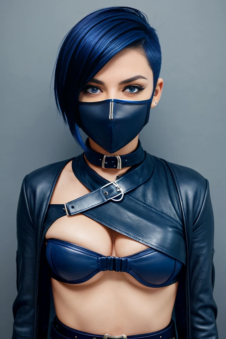 25 year old european woman with short undercut indigo hair dressed in a ninja outfit with leather miniskirt, cleavage, belt, mask. Blue eyes with eye liner. Neutral background