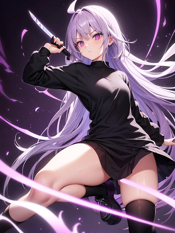 1 girl stance unsheathing her blade and purple light illuminating through the tip of the blade, glowing vertical purple eyes, long white haired wearing black Loose O-neck sweat-shirt and wearing black skirt and wearing black colour socks, background Bamboo forest 