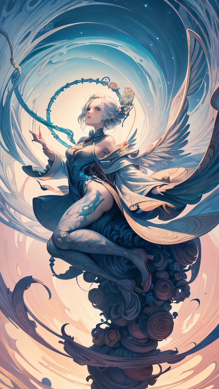 James Jean, Maurice Sendak, Surreal, mysterious, strange, fantastical, fantasy, Sci-fi, Japanese anime, divine expression, spiral of time, beautiful girl with wings, perfect voluminous body, geometry, perspective, detailed masterpiece 
