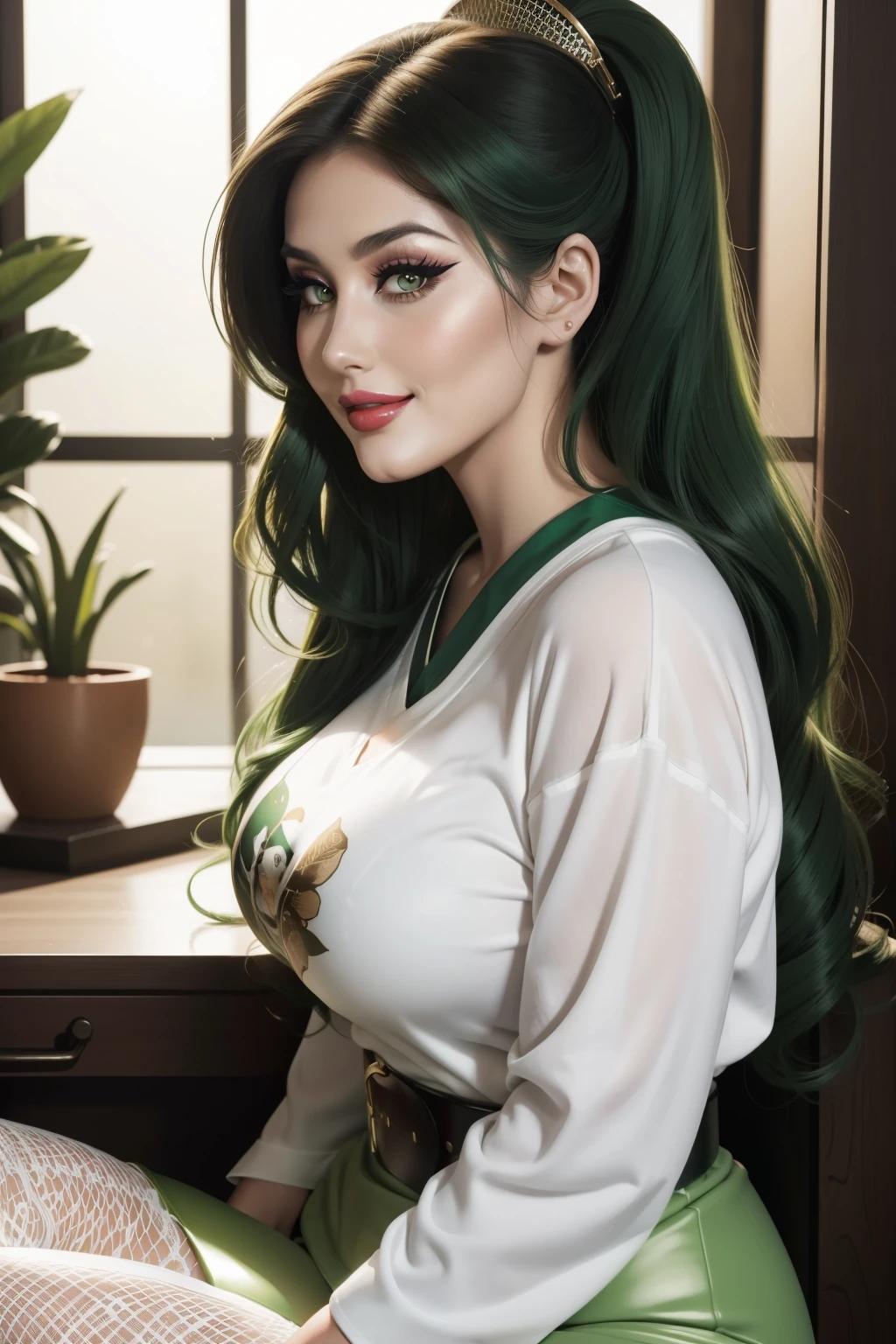 Lucy Pinder, face portrait, ((very intense makeup)), Geisha, sexy woman, voluptuous woman, smiling, Adele, long hair, green hair, long sleeve t-shirt, belt, white t-shirt, white skirt, fishnet pantyhose, lipstick green, smiling
