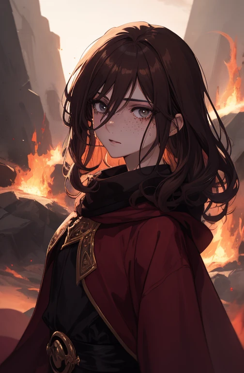 1girl, beautiful anime girl, short wavy brown hair, freckles. Dark red robes, hell, demon, long skirt, fire, dark eyelashes, perfect eyes, perfect face, intricate, intricate details, epic, character portrait, cinematic portrait, anime, anime art