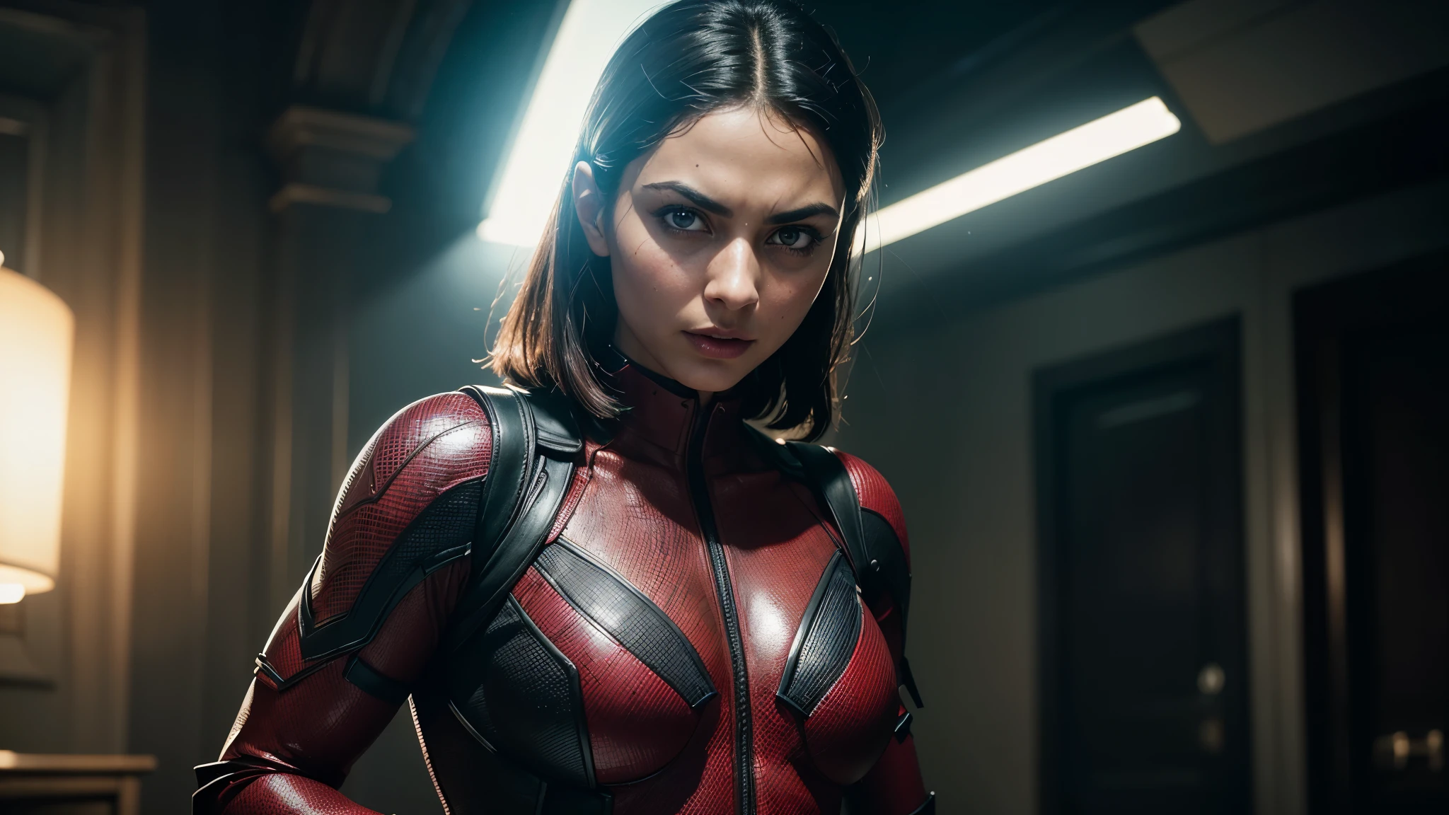 Morena Baccarin as Deadpool, glowing lights, (superhero pose), (hyper realistic:1.4), (realistic:1.3), (best quality real texture skin), full body, (Cinematic Light), highly detailed skin, skin pores, (highly detailed face:1.1), (highly detailed eyes:1.1), realistic pupils, (perfect anatomy:1.1), (perfect proportions:1.1), (photography:1.1), (photorealistic:1.1), volumetric lighting, dynamic lighting, real shadows, (highres:1.1), sharp focus, daylight, (realistic, hyperrealistic:1.4), intricate, high detail, dramatic, subsurface scattering, big depth of field, vivid, polished, sharpened, ((full Sharp)), (extremely absurdres),8k hdr, full body