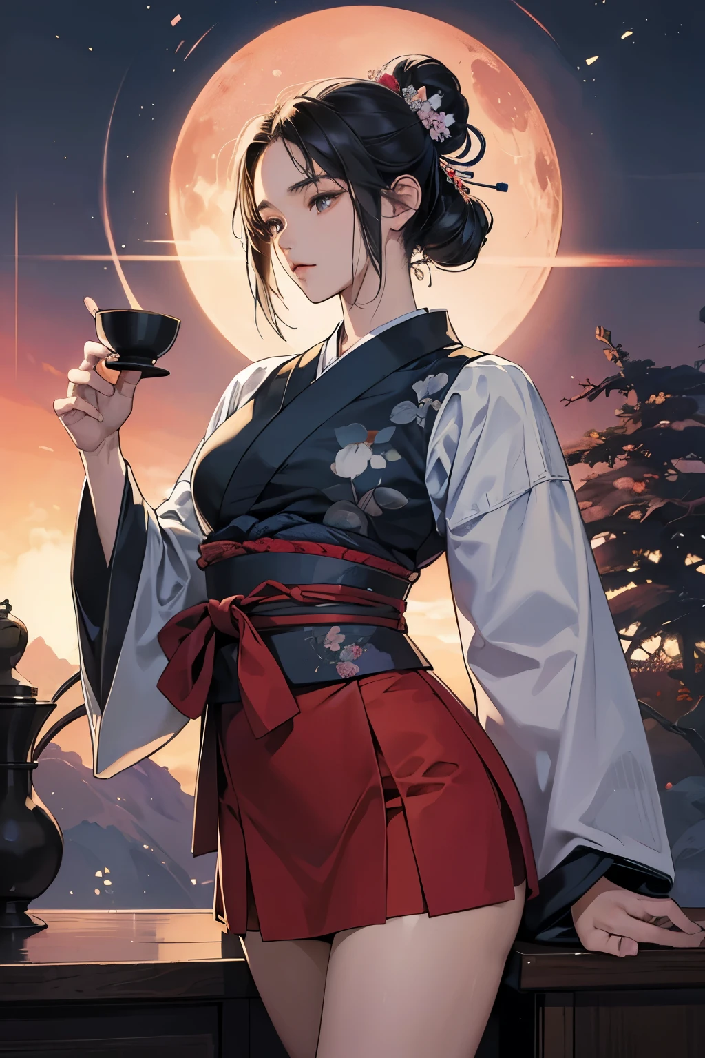 Kenji Tsuruta, Alan Lee, Surreal, mysterious, strange, fantastical, fantasy, Sci-fi, Japanese anime, microcosm of the tea ceremony, beautiful girl in miniskirt kimono, perfect voluminous body, detailed masterpiece