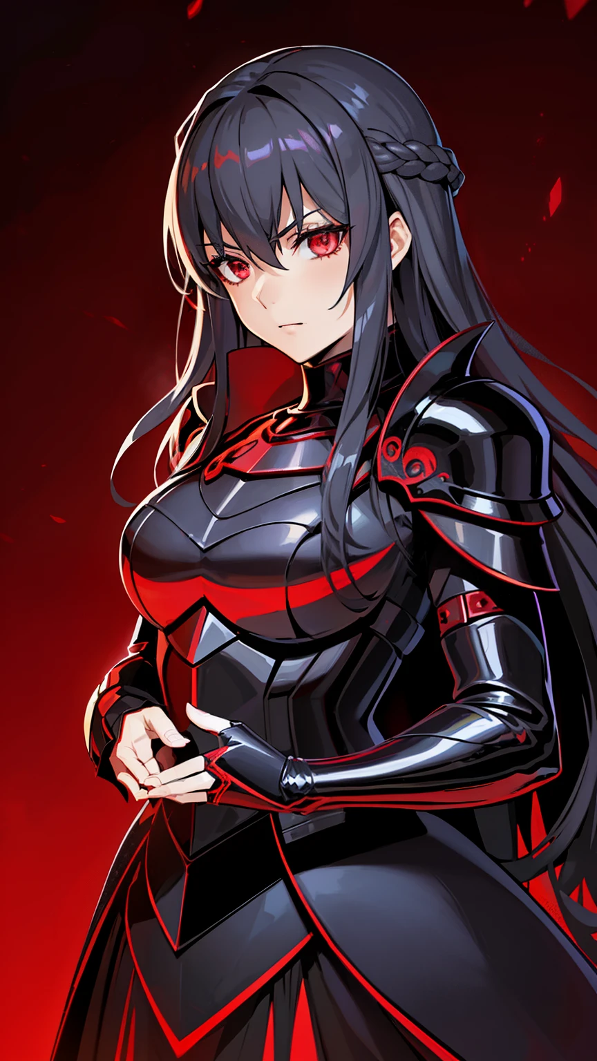 (high-quality, breathtaking),(expressive eyes, perfect face) 1female, girl , solo, young adult, long hair length, wavy curly hair, soft wave, black hair color, red highlights in hair, deep red eye color, background, music, neutral expression, a soft smirk, mature, dominant, haunting red background, armor, onyx black armor with red trim, midnight dark armor with red cracks engraved in the exterior, saber alter, alter saber fate stay night, corrupted theme, corrupted armor, red lines on armor, conquerer vibe, red markings on armor, slightly narrow eyes, evil queen, narrow beautiful eyes, queen chess piece, beautiful hair, detailed eyes
