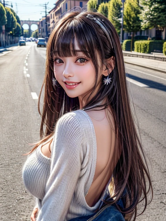 (table top, highest quality、high detail:1.1、Very attractive adult beauty、Add intense highlights to your eyes、Backwards、look back、Beautiful woman full of adult charm、perfect anatomy、silver hear、long hair、shiny hair、lip gloss),1 girl, solo, realistic、tilt your head a little, short and shiny hair、 knit sweater、stylish muffler,bangs、Big eyes、eyelash、face is a little red、embarrassing)、((Road system in Italy in winter、絶対に美しいbangs:1.4))、Big eyes、Give students very strong highlights、(huge breasts:1.4}、very big ger breasts、very beautiful beauty、Please show your ears、long neck、smile a little、beautiful teeth、open your mouth and smile、heart-shaped eyes))、28 years old、very cute super model、tall