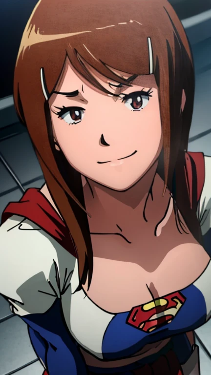Red-haired Supergirl Photo Portrait、Colorful, realistic round eyes、Dreamy and magical atmosphere、Superheroine costumes、Superman logo on chest、(Feminine abs)、( shining skin、high gloss skin、Constriction、Professional lighting)、(Red short skirt), anime smirk