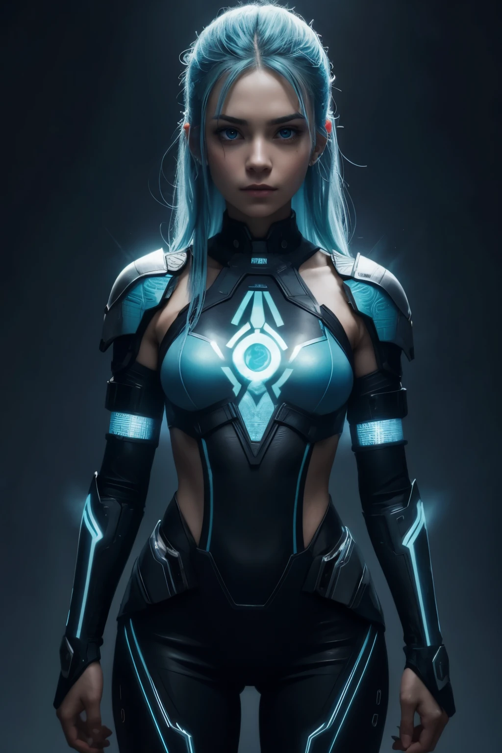 young woman, face view, scale blue face, (glowing circuit tattoos) cyberpunk, cyberpunk, cold background, long hair, short ears, black eyes, short torso, muscular, covered in armor and ice, frozen icy background