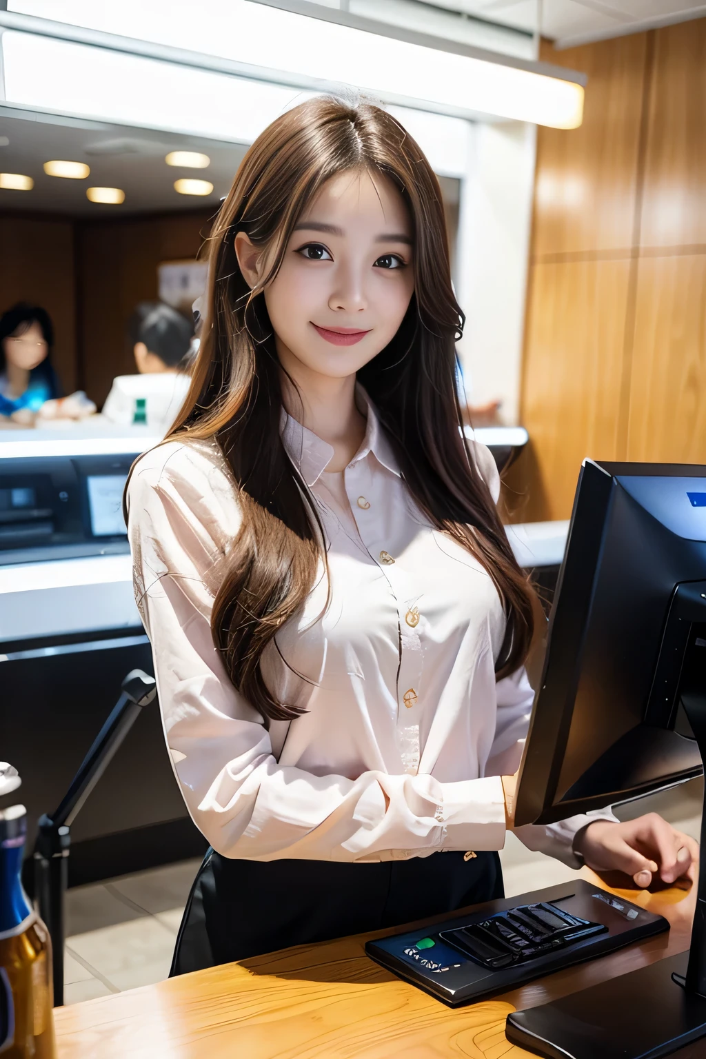 muste piece、High resolution、convenience store of the future、Convenience store clerk、26 year old female、１girl clerk、looking at the camera、smile、Finished as pictured、The cashier is also beautiful、long and beautiful hair、inner color、hair should be tied back、Clerk's uniform、