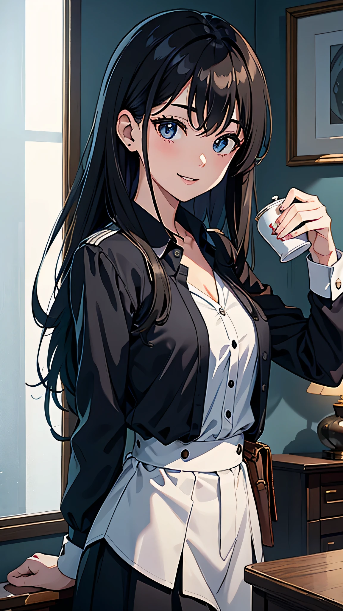 最high quality、best image quality、masterpiece、teenage girl((18-year-old、 By becoming、vest bust、medium bust,wide open breast tea、black eye, black hair、long hair、thin,highest valley、black overshirt、cute smile)),high quality、beautiful art、background((white wall)),debris flies、Depth of written boundary、movie、visual art、perfect art、8K,genuine