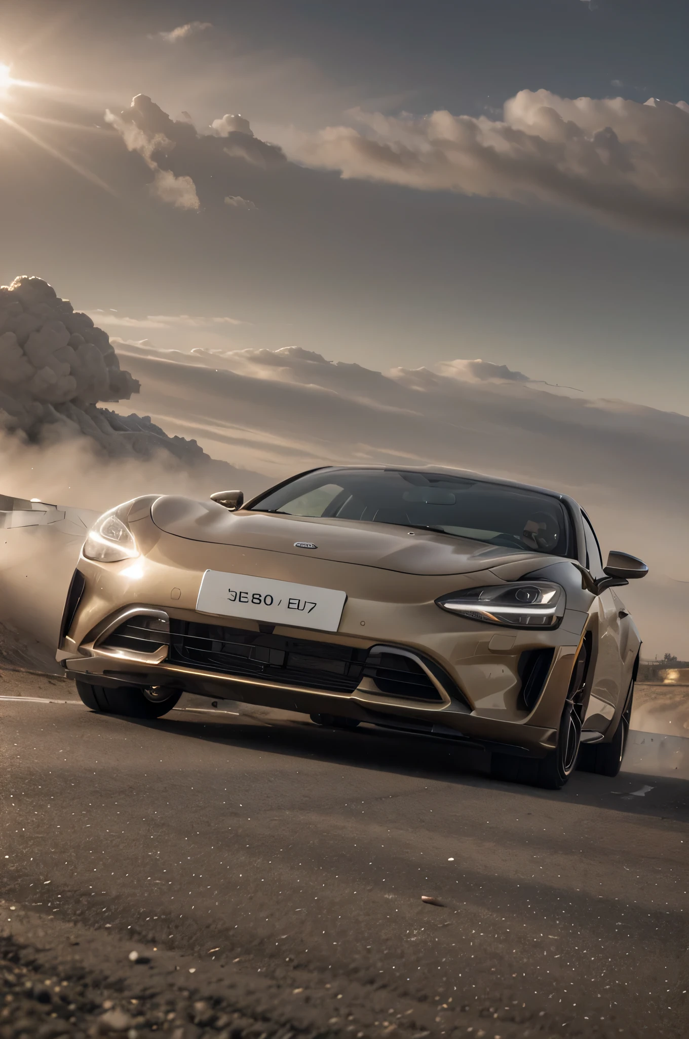A car(Champagne Gold)The car is driving on the road,(Tour the city by car),(Tires kick up dust),car view front,Wide angle lens shooting,Car wallpapers,detail,best resolution,32k,