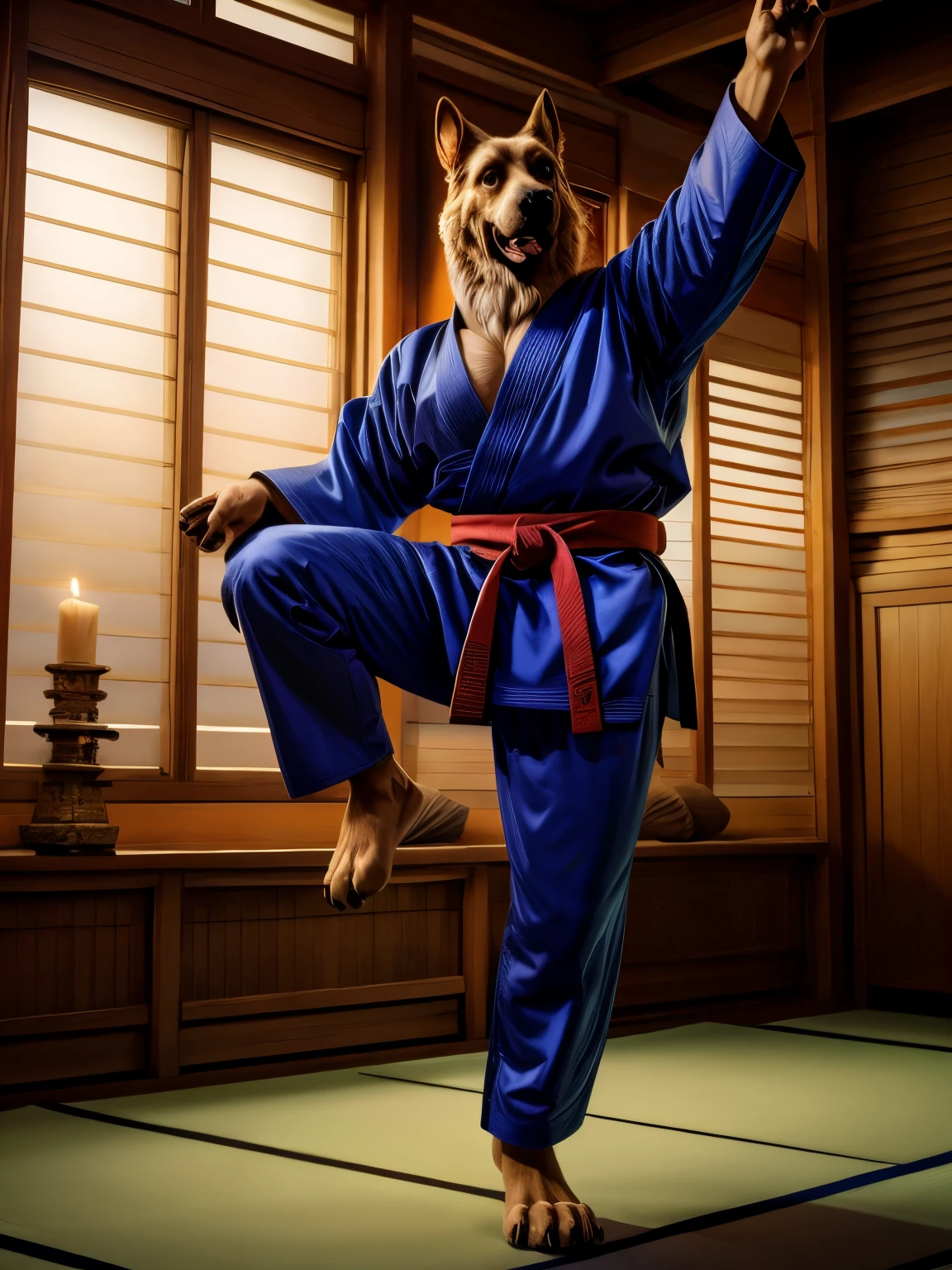 Barefoot Smirnov wearing dark blue karate kimono with 5th dan black belt, long karate kimono pants, training karate in dojo, solo, performing kick, standing on one leg, second leg rised up in a high kick, detailed nice big dog feet paws with claws and pawpads, in a trance, green glow in his eyes, brainwashed look. high resolution, anatomically correct, evening sky outside the window, dim candles light inside, asian looking decorations