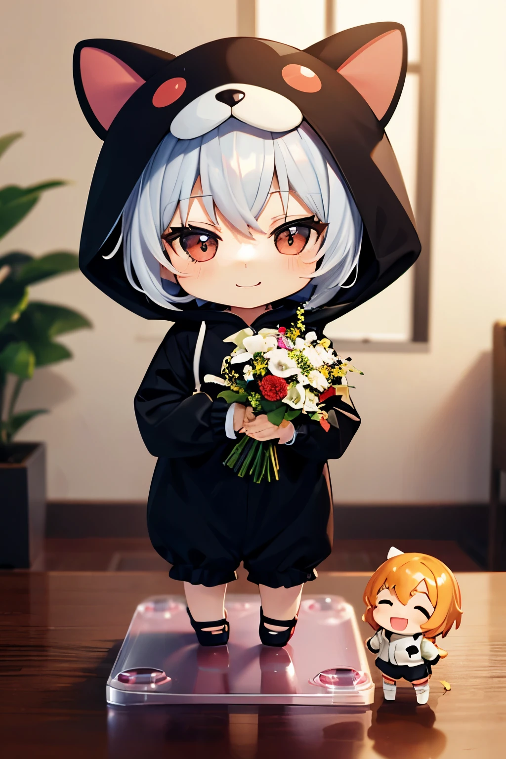 (Chibi:1.3), happy, (holding a bouquet), full body, (Kigurumi), indoors, on the table, (Nendoroid:1.1),