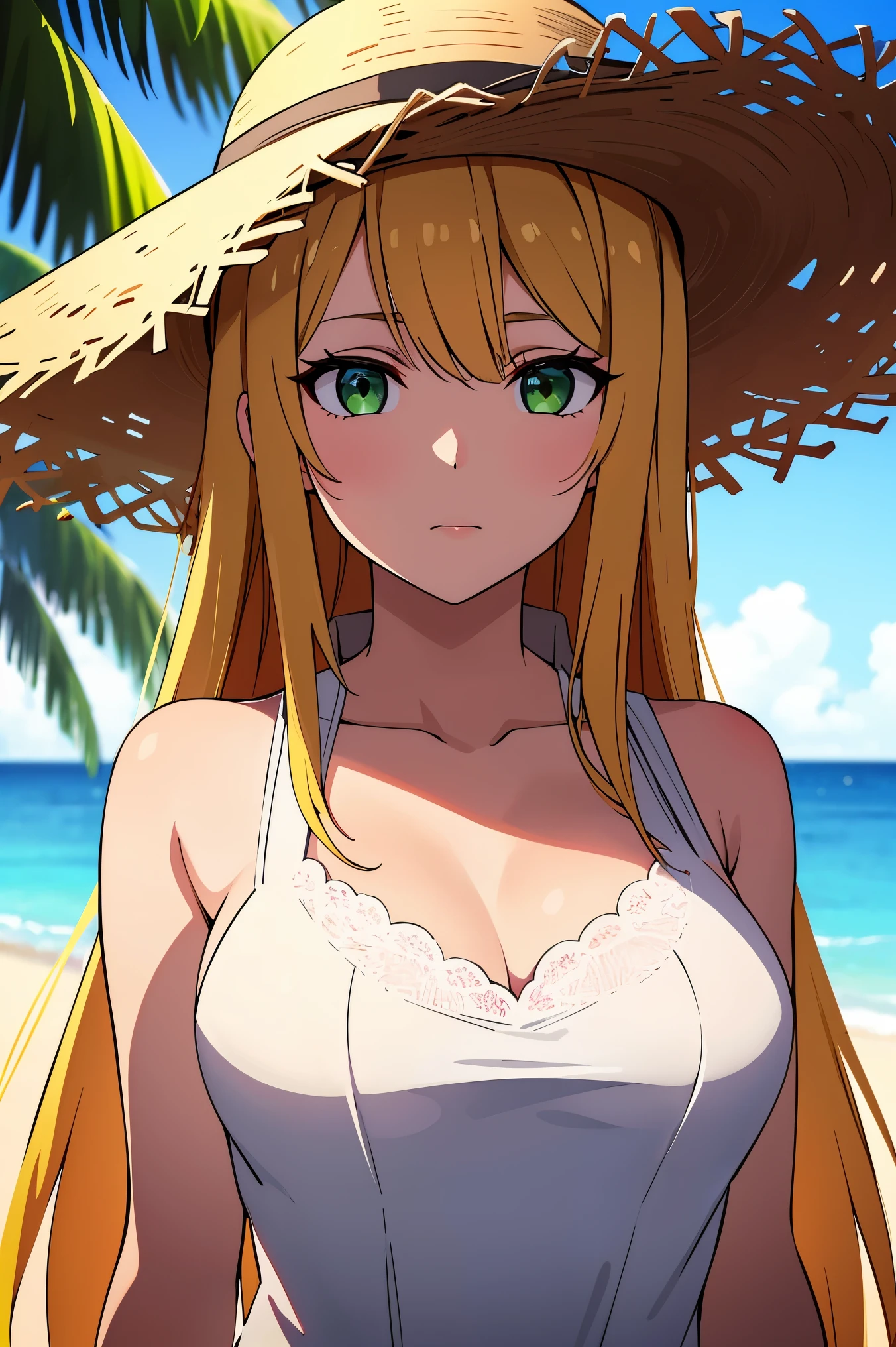 ((absurdres, highres, ultra detailed, high resolution, masterpiece, best quality, very fine 8KCG wallpapers)), 1 girl, solo, medium breasts, (shiny skin:1.2), outdoors, curious face, white straw hat, white dress, upper body, green eyes, blonde hair, long hair, medeum breasts, looking at viewer, day, layered style, beach,