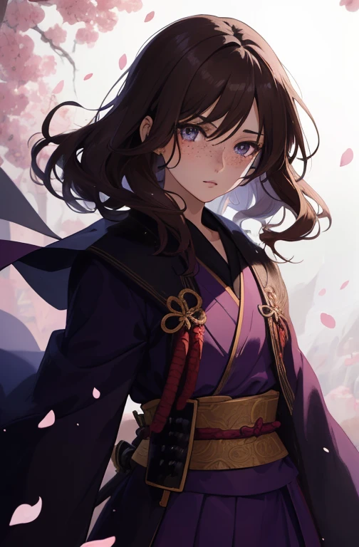 1girl, beautiful anime girl, short wavy brown hair, freckles. Dark purple robes, long skirt, petals, samurai, dark eyelashes, perfect eyes, perfect face, intricate, intricate details, epic, character portrait, cinematic portrait, anime, anime art