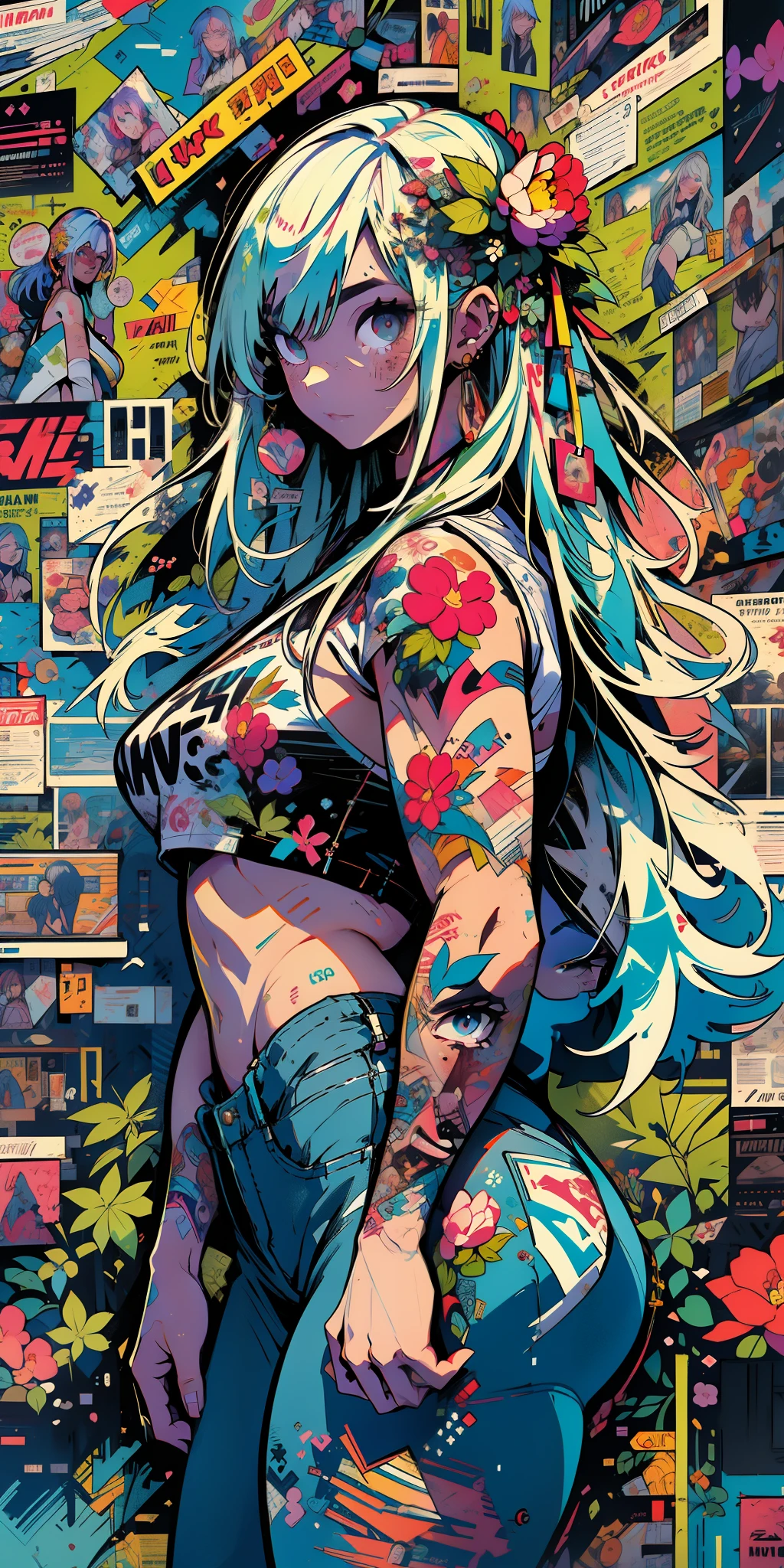 Background, mixed-language_SMS, Japanese letters in graffit, (beautiful and clear background:1.2),, fantastic paintings ,graffit style, olhos altamente detalhados , a white t-shir, cannabis print, Flowers, Peonies, Machi, marijuana tattoo, Loving, Eroquesis, bust, bikini of, steeply, stylishly, fashionably, ultra detailed hair, Masterpiece, Best Quality, hig quality, high-resolution, detail enhancement, ((most beautiful image in the world)), Masterpiece, Best Quality, hig quality, high-resolution, detail enhancement, ((most beautiful image ), light lavender hair, Mint hair, Shiny degraded hair, t-shirt stampa flores, wearing jeans,, art by stjepan sejic, art by j scott campbell, art by guillem march, art by citemer liu, 4k, High Resolution, comic book character, comic, high quality detailed, style of ::2.0 comix illustration style,tatoon style, hig quality, high-resolution, detail enhancement, 8K, HD, Best Quality, hig quality, high-resolution, detail enhancement, 8K, HDR, Sharp focus, Ultra Detailed, Perfect lighting, Curvy Body, Lush breasts, Curvy hips, Chic, big ass