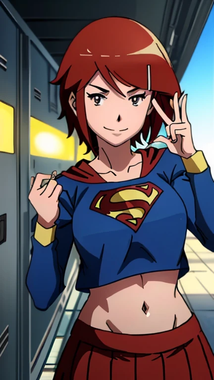 Red-haired Supergirl Photo Portrait、Colorful, realistic round eyes、Dreamy and magical atmosphere、Superheroine costumes、(Feminine abs）、（ shining skin、high gloss skin、Constriction、Professional lighting）、(Red short skirt), anime smirk