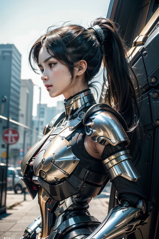 Top quality, masterpiece, extremely detailed CG unity 16K wallpaper, ultra-high resolution, high definition, (perfect body, correct anatomy:1.5), (from front view:1.4), dynamic, professional photo, raw photo, photorealistic, cinematic lighting, 1 girl, ((Japanese , 15 y)), ((mecha-musume:1.4)), cowboy shot, solo, looking at viewer, intricately detailed face, hyper-realistic skin texture, black hair, (ponytail:1.4), glossy hair, short hair, highly detailed skin, (tanned skin:1.4), highly detailed eyes, (dark eyes, bright eyes:1.1), ultra-realistic nose and lips, (slim and round outline of the face:1.3), expressive face, expressionless, slender, medium breast, perfect body proportion, (mechanical body armor, weaponized body:1.5), ((large mech wing with engines:1.4)), ((a pair of anti-tank weapons are mounted on the girl's both shoulders:1.5)), ((daytime, noon, outdoor, square, urban area:1.4))