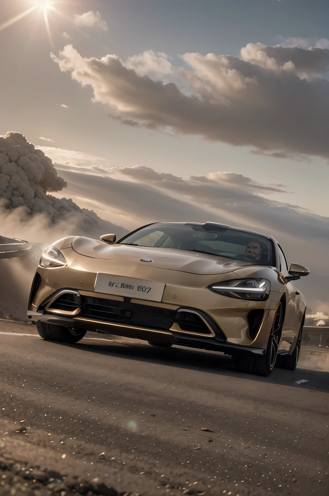 A car(Champagne Gold)The car is driving on the road,(Tour the city by car),(Tires kick up dust),car view front,Wide angle lens shooting,Car wallpapers,detail,best resolution,32k,