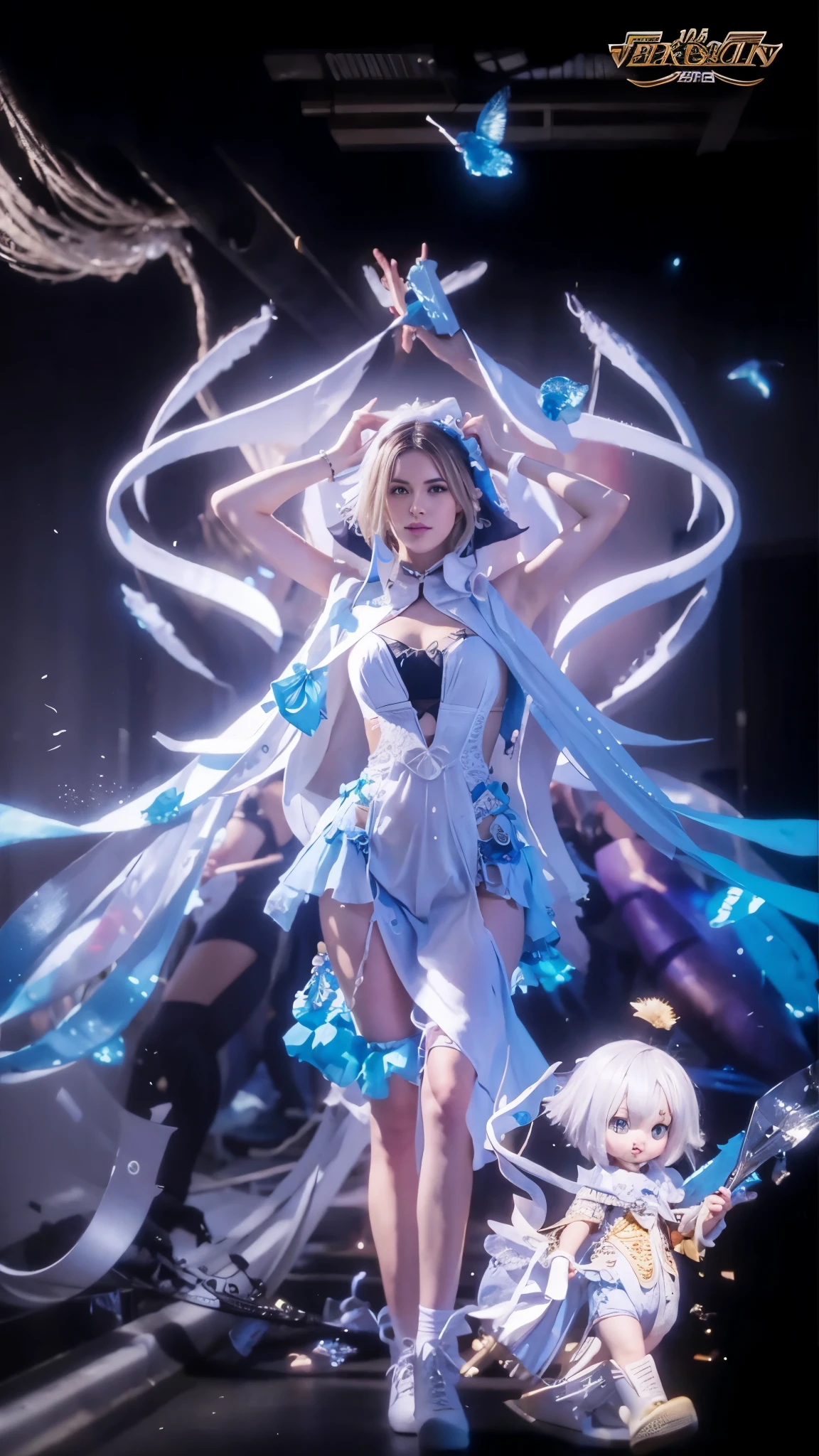 (high-res, vivid colors), blue bird alien, detailed feathers, sparkling eyes, alien landscape, vibrant colors, surreal atmosphere, glowing lights, otherworldly features, intricate patterns, dreamlike scenery, Arctic Frost Ranger: A suit featuring icy blue and frosty white hues, accented with snowflake patterns and frost crystals. This Ranger commands the power of ice and cold, with abilities such as creating blizzards, forming ice constructs for defense, and freezing enemies in their tracks.
