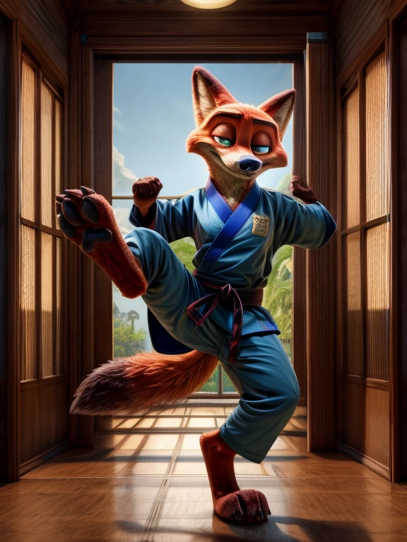 Barefoot Nick Wilde wearing dark blue karate kimono with 5th dan black belt, long karate kimono pants, training karate in gym of police department, solo, performing kick, standing on one leg, second leg rised up in a high kick, detailed nice big dog feet paws with claws and pawpads, in a trance, green glow in his eyes, brainwashed look. high resolution, anatomically correct, evening sky outside the window, dim candles light inside,