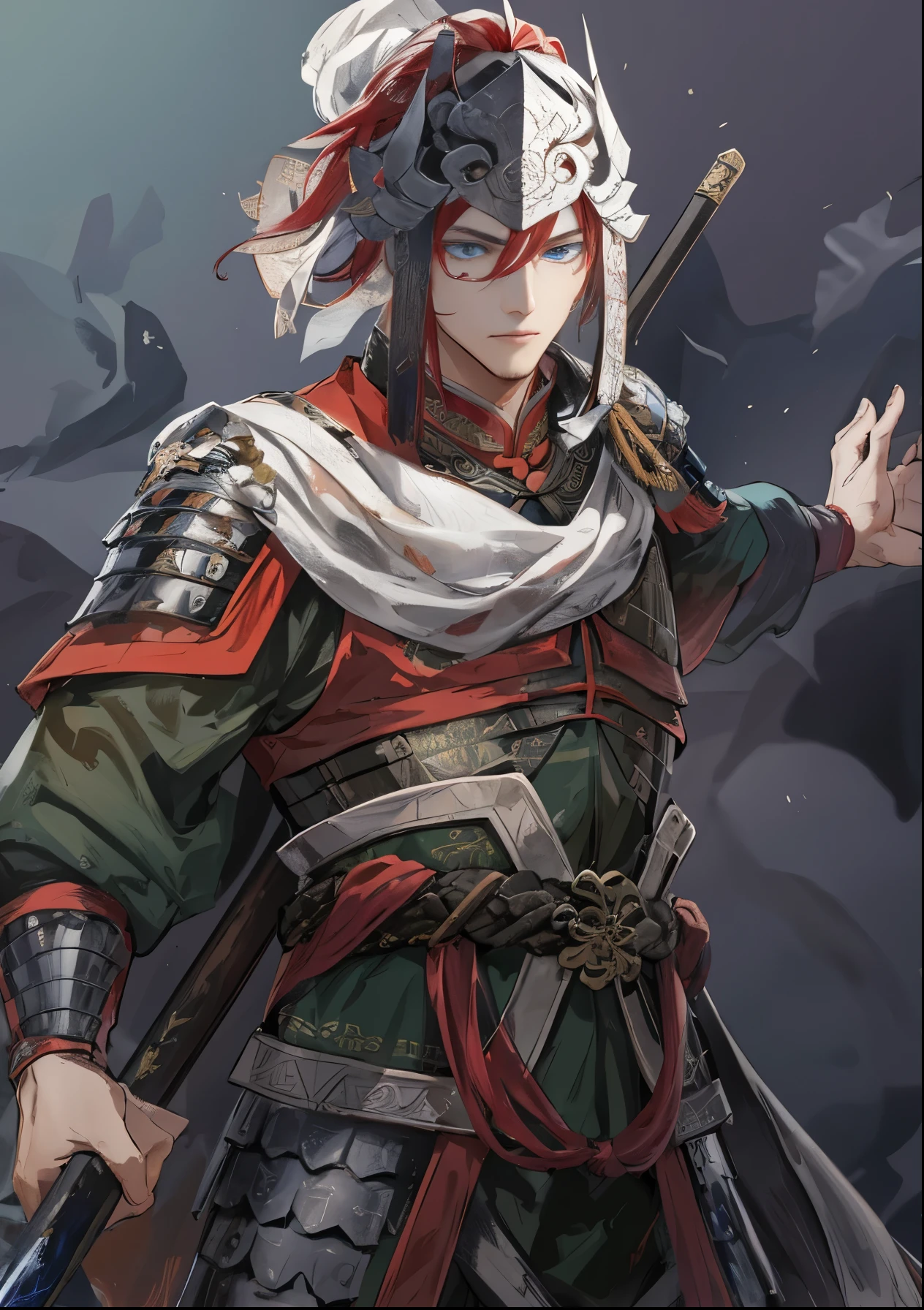 white and red helmet, armored warrior, 4k comic wallpaper,armored warrior,,blue eyes,中国general,Red hair,,general,three kingdom,Red eyebrows,Red eyelashes,Unparalleled in the Three Kingdoms,blue eyes,handsome guy,three kingdom,Holding a Chinese spear,arms,Inspired by Zhao Yun