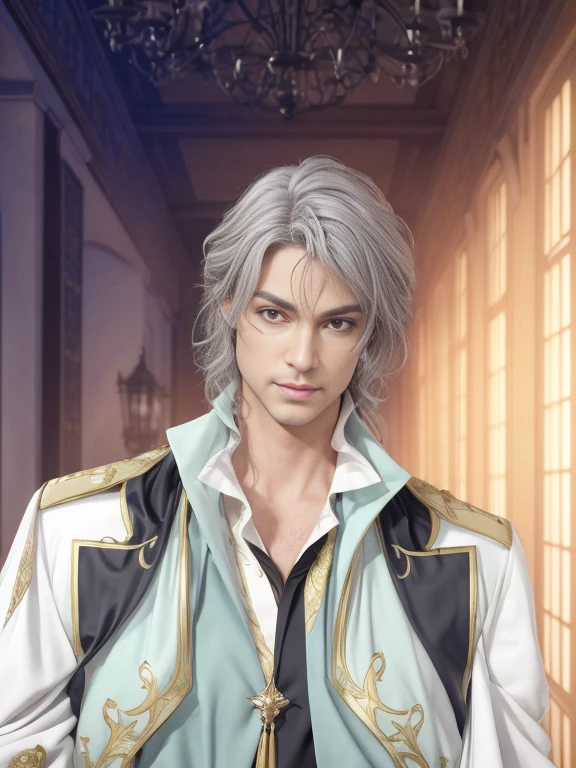 photorealistic realistic, prince, ((European face)), ((wearing aristocrat robe)), dark grey hair, red eyes, roguish smirk