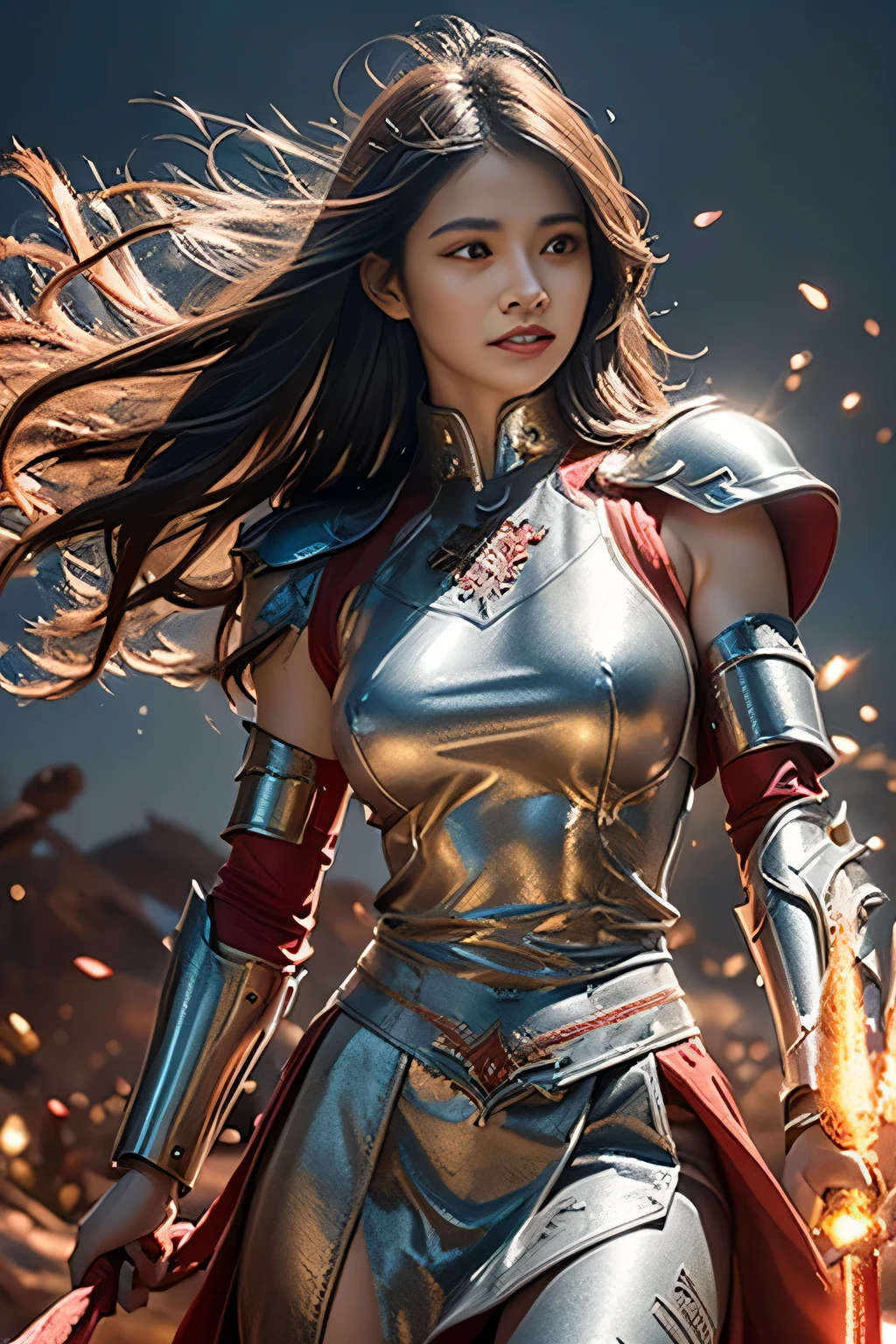 A woman in armor holding a sword and a sword in her hand - SeaArt AI