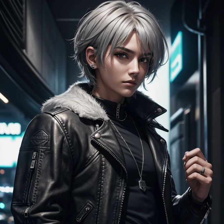 High resolution,4K,gray hair,short hair,shaggy,leather jacket,silver ring,Wallet Chain,cyberpunk,solo,clear white skin，Beauty