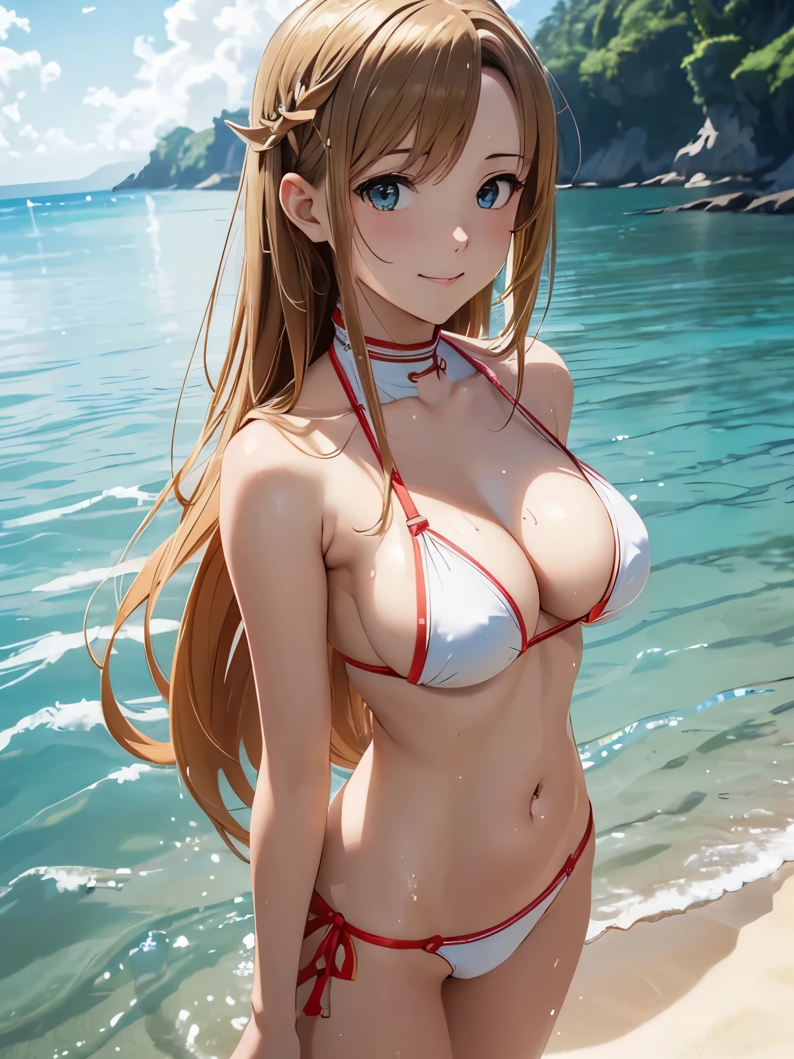 ((masterpiece)), ((best quality)), (ultra-detailed), ((extremely detailed)), 4K, (8K), best quality, (beautiful), anime style, upper body, heavy outline, clear outline, full body focus, beach, summer, ((Asuna, SAO)), bikini, ((beautiful eyes)), large breast, smile, shiny-glistening, gleaming, wetted by water