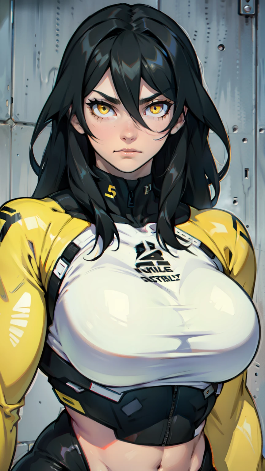 sad pale muscular girl large breasts hair between eyes long hair black hair yellow eyes