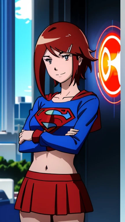 Red-haired Supergirl Photo Portrait、Colorful, realistic round eyes、Dreamy and magical atmosphere、Superheroine costumes、Superman logo on chest、(Feminine abs）、（ shining skin、high gloss skin、Constriction、Professional lighting）、(Red short skirt), anime smirk