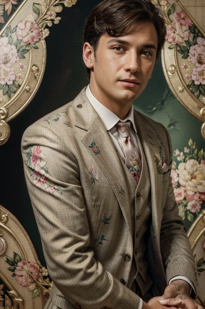 (best quality,4k,8k,highres,masterpiece:1.2),ultra-detailed,(illustration:1.37),35mm f1.4 retro design, membership card with a man in the sartorial suits, retro background, retro style, floral background, floral ornaments, creative, cinematic tone