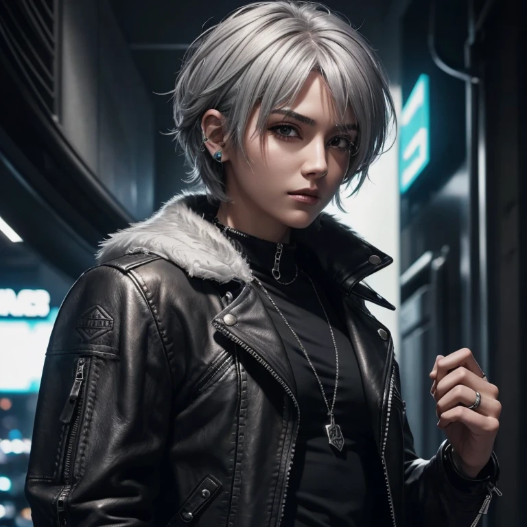 High resolution,4K,gray hair,short hair,shaggy,leather jacket,silver ring,Wallet Chain,cyberpunk,solo,clear white skin,Beauty、big breasts