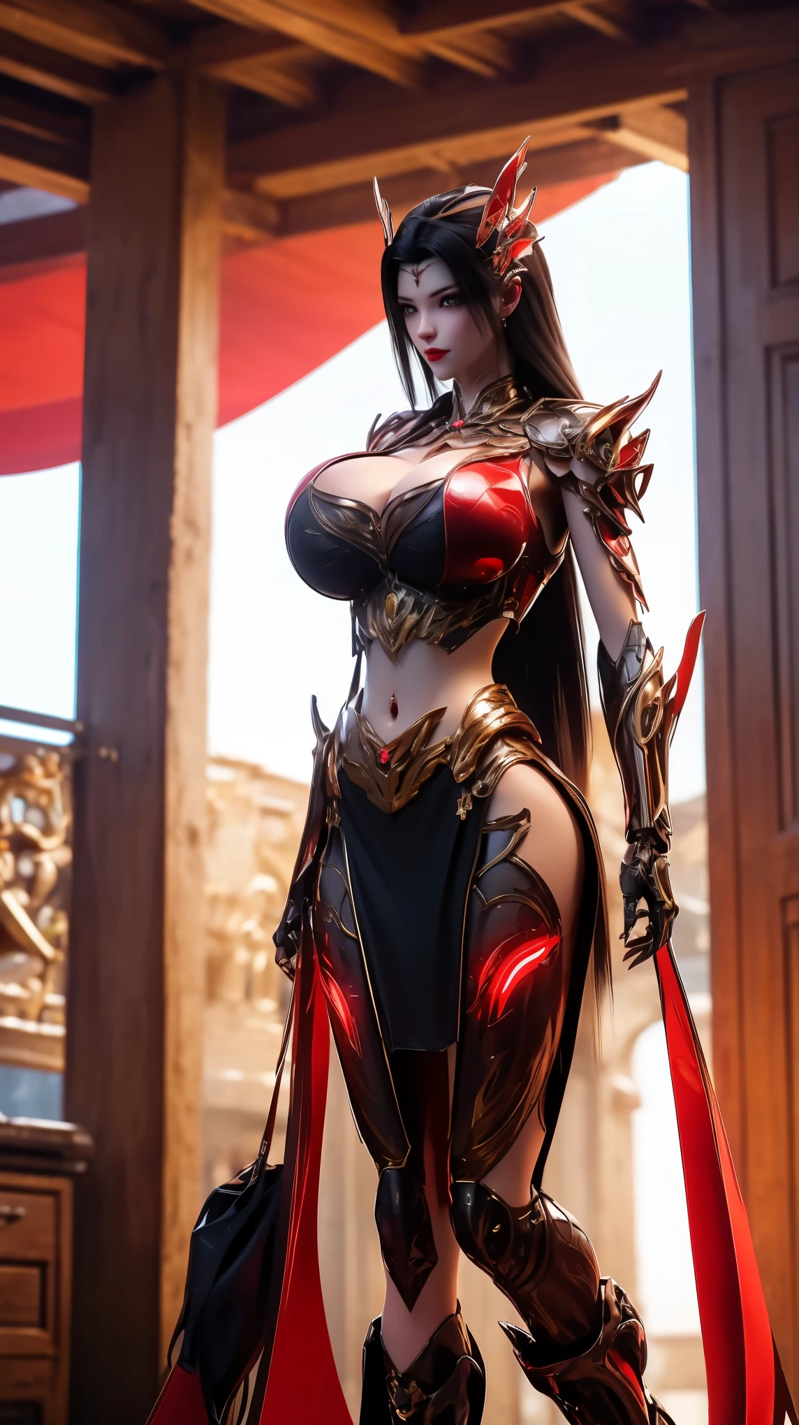 physically-based rendering, 1girl model, (phoenix gold helm:1), (muscular body shape:1.4), (cleavage:1.5), FUTURISTIC HALLROOM, slim waist, big buttocks, (half body:1.3), standing, skintight mecha leggings, (wearing red futuristic mecha armored full set,huge fake breast crop top:1.5).