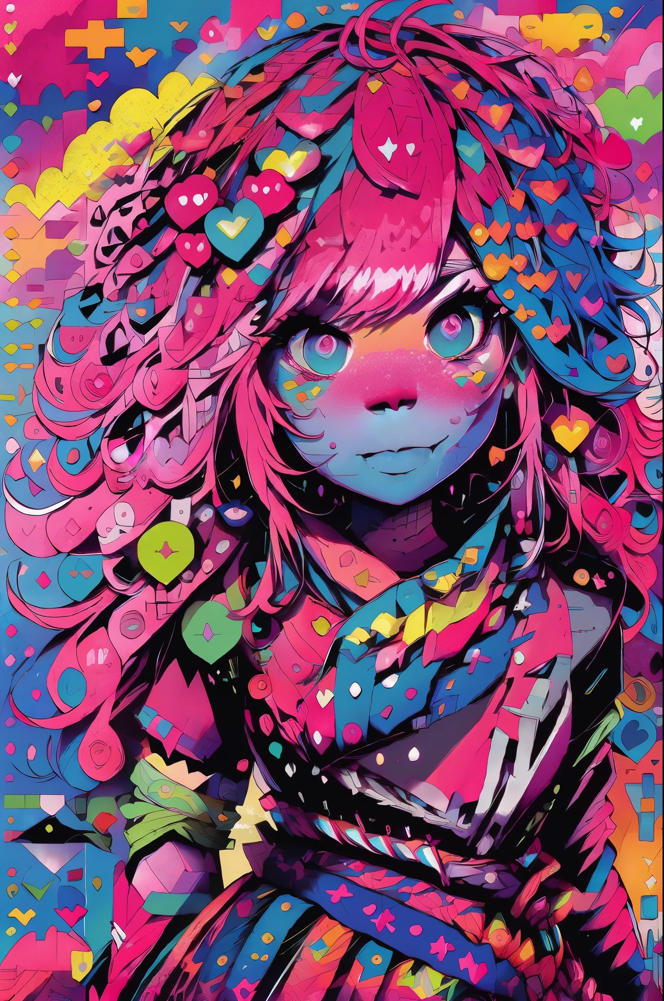 (mlppinkiepie:1.2), (colored skin, pink skin:1.5), (pink hair:1.5), (blue eyes, puffy hair, coil curls, side part, bangs:1.2), (white top with blue jacket, pink puffy skirt, purple belt, rainbow confetti details on skirt:1.2), confetti, party theme, candy, (realistic:1.2),  (masterpiece:1.2), (full-body-shot:1.2),(Cowboy-shot:1.2), neon lighting, dark romantic lighting, (highly detailed:1.2),(detailed face:1.2), (gradients), colorful, detailed eyes, (detailed landscape:1.2), (natural lighting:1.2),(detailed background), detailed landscape, (cute pose:1.2), solo, close up, 