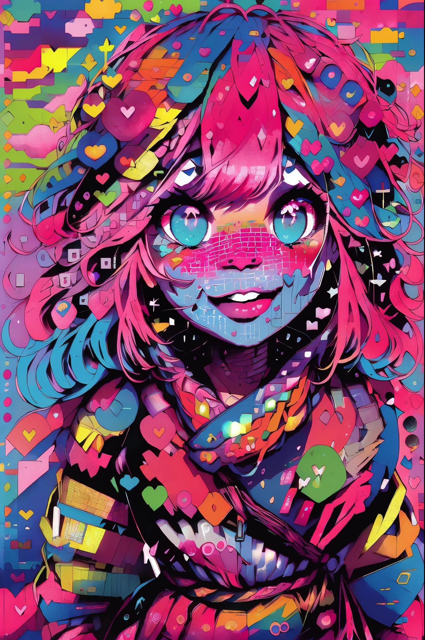 (mlppinkiepie:1.2), (colored skin, pink skin:1.5), (pink hair:1.5), (blue eyes, puffy hair, coil curls, side part, bangs:1.2), (white top with blue jacket, pink puffy skirt, purple belt, rainbow confetti details on skirt:1.2), confetti, party theme, candy, (realistic:1.2),  (masterpiece:1.2), (full-body-shot:1.2),(Cowboy-shot:1.2), neon lighting, dark romantic lighting, (highly detailed:1.2),(detailed face:1.2), (gradients), colorful, detailed eyes, (detailed landscape:1.2), (natural lighting:1.2),(detailed background), detailed landscape, (cute pose:1.2), solo, close up, 